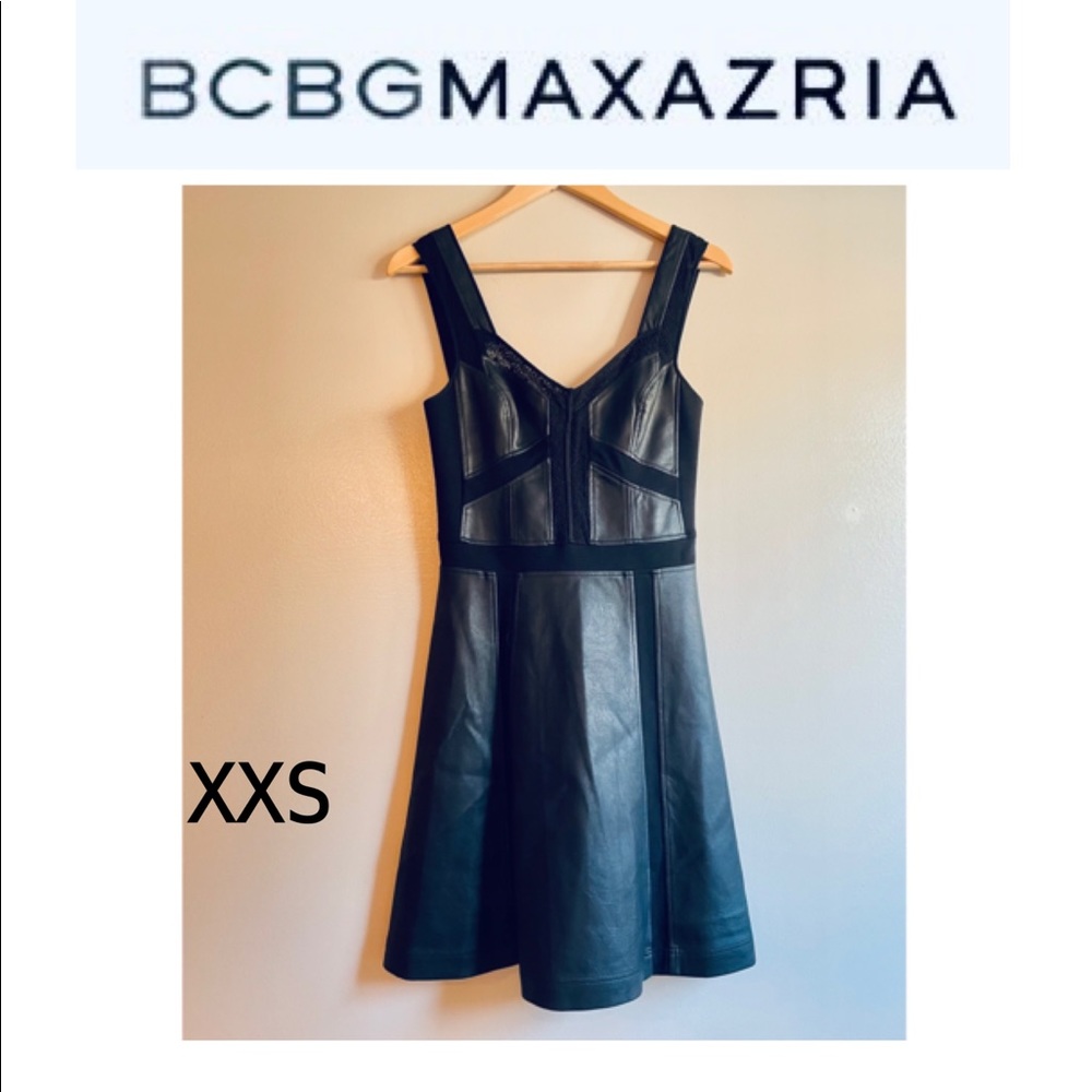 NWT XXS BCBGMAXAZRIA black faux leather flared knee length patchwork sweetheart